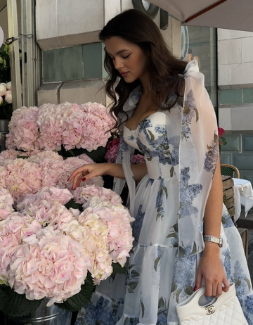Blue Print Floral A Line Spaghetti Strap Tea Length Chiffon Homecoming Dress Cocktail Dress Outfits HZ1023